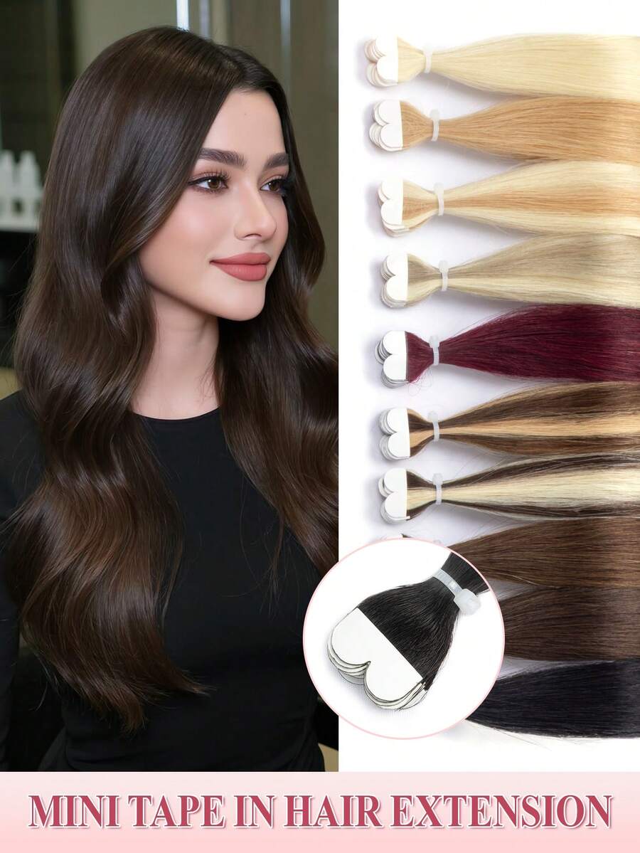 10Pcs Mini Tape In Hair Extensions Human Hair 14inch Blond Straight Human Hair Tape In Hair Extensions Invisible Silky Hair Seamless Skin Weft Human Hair Extension 10g Lightweight Tape Ins Easy To Wear For Daily &Party&Wedding - Multicolor - View 1