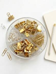 65Pcs/Set In Macaron Color, Creative Anti Rust Paper Clip Combination, Multifunctional Swallowtail Clip, Paper Clip, Thumb Nail, Four Grid Stationery Set Suitable For Office, Study, And Accounting, Back To School Season - Gold - View 6