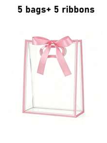 5pcs Transparent Gift Bags With Pink Trim And Satin Bow, Reusable Clear PVC Tote Bags, Suitable For Wedding, Bridal Shower, Birthday Gift Packaging, Elegant Gift Packaging, Suitable For Boutique Flower Display, 1pc - Multiple Styles - View 10