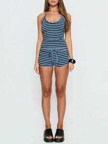 2026 New Elegant Casual Sexy Women's Fashion Striped Contrast Color Spaghetti Strap Top + Fitted Striped Shorts, Suitable For Beach, Sports, Vacation And Daily Wear In Summer - Blue - View 2