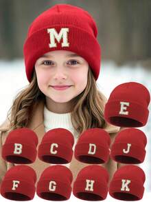 1PC Children's Knitted Hat With 26 Letters Pattern, Solid Color Knitted Caps, Children Hats For Girls, Warm Beanies For Outdoor, Autumn/Winter - Red - View 1