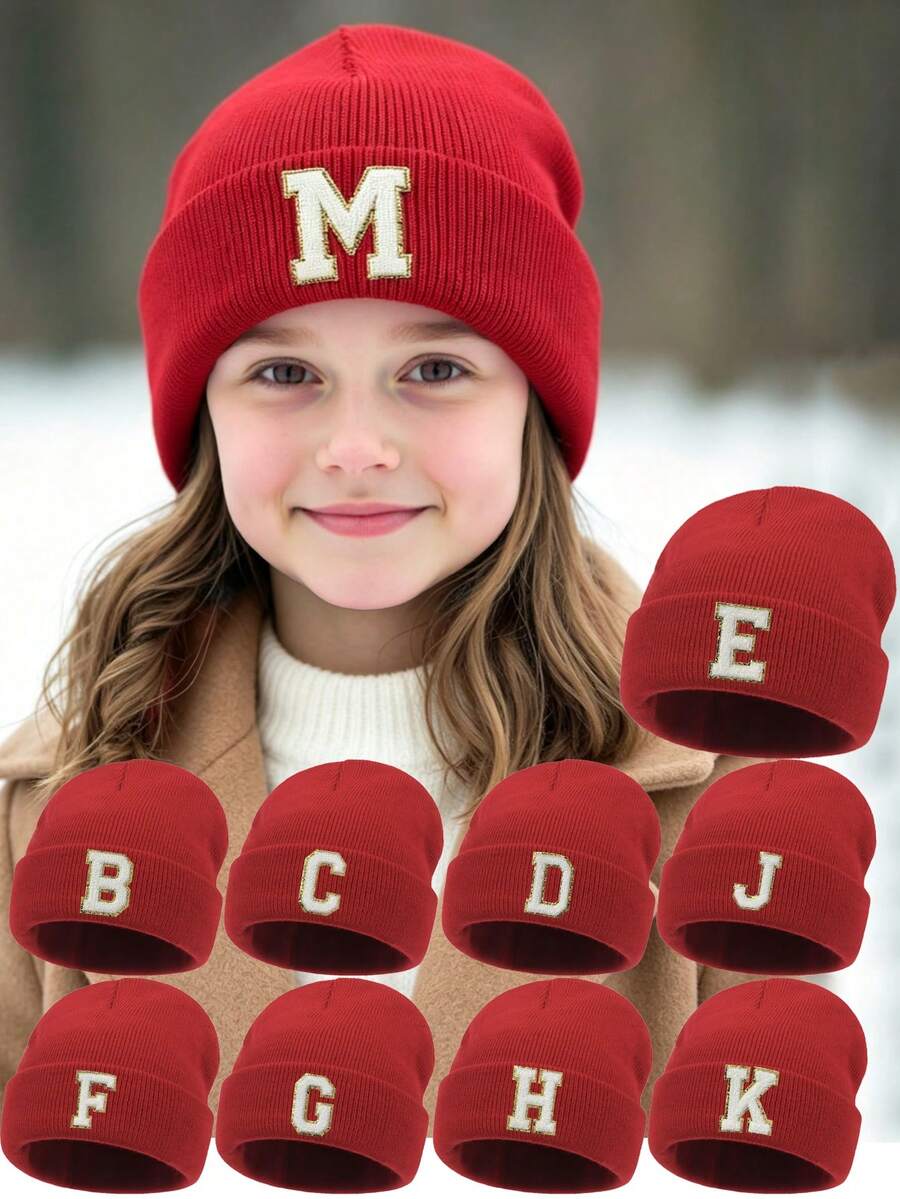 1PC Children's Knitted Hat With 26 Letters Pattern, Solid Color Knitted Caps, Children Hats For Girls, Warm Beanies For Outdoor, Autumn/Winter - Red - View 1