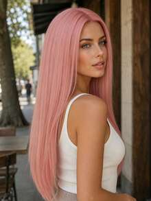 Women's Pink Long Straight Wig 28 Inch High Density Middle Part Design Heat Resistant Soft Synthetic Hair Versatile For Party Carnival Cosplay Decoration,Halloween - Pink - View 4
