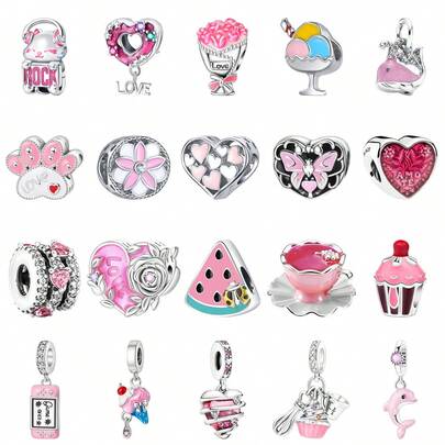 1 Adet Pembe Kalp Şekilli Dondurma Çiçek Tasarımlı Charm Boncuk, El Yapımı Bileklikler ve Kadın Moda Takı Aksesuarları İçin Uygun