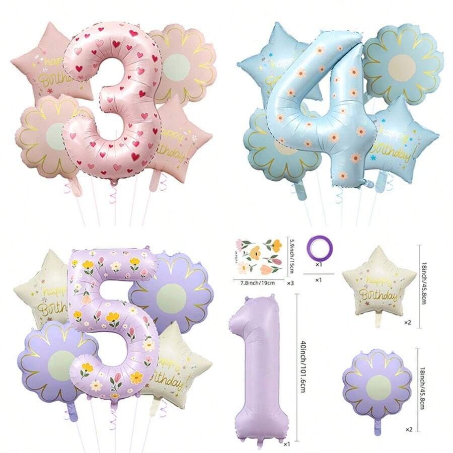 40 Inch Pastel Printed Number Foil Balloon Set, Floral & Heart Pattern Digital Mylar Balloons With Daisy Flower & Happy Birthday Star Balloons, Neutral Milestone Birthday Party Decorations, Photo Booth Supplies - Flower Balloon - View 1