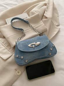 Fashion Solid Color Baguette Shoulder Bag, Metal Hardware Decoration, Metal Chain Strap, Suitable For Women Shopping, Dating, Gift And Daily Use - Blue - View 3
