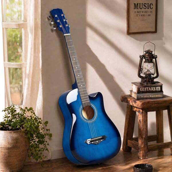 Blue 38 Inch Acoustic Guitar Complete Kit, Comes With Picks, Spare Strings, Capo, Storage Case, Tuner And Adjustable Strap For Beginner Practice