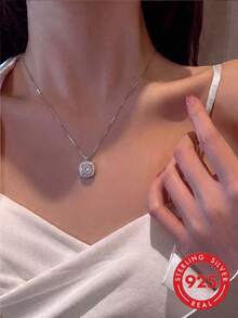 1pc S925 Sterling Silver Minimalist Luxury Elegant Elegant Shiny Design Cubic Zirconia Square Pendant Necklace Women Fashion Classic Personalized Exquisite Cool High-End Niche Versatile Casual Party Neck Jewelry Valentine's Day Exquisite Gift - Sugar Cubes - View 9