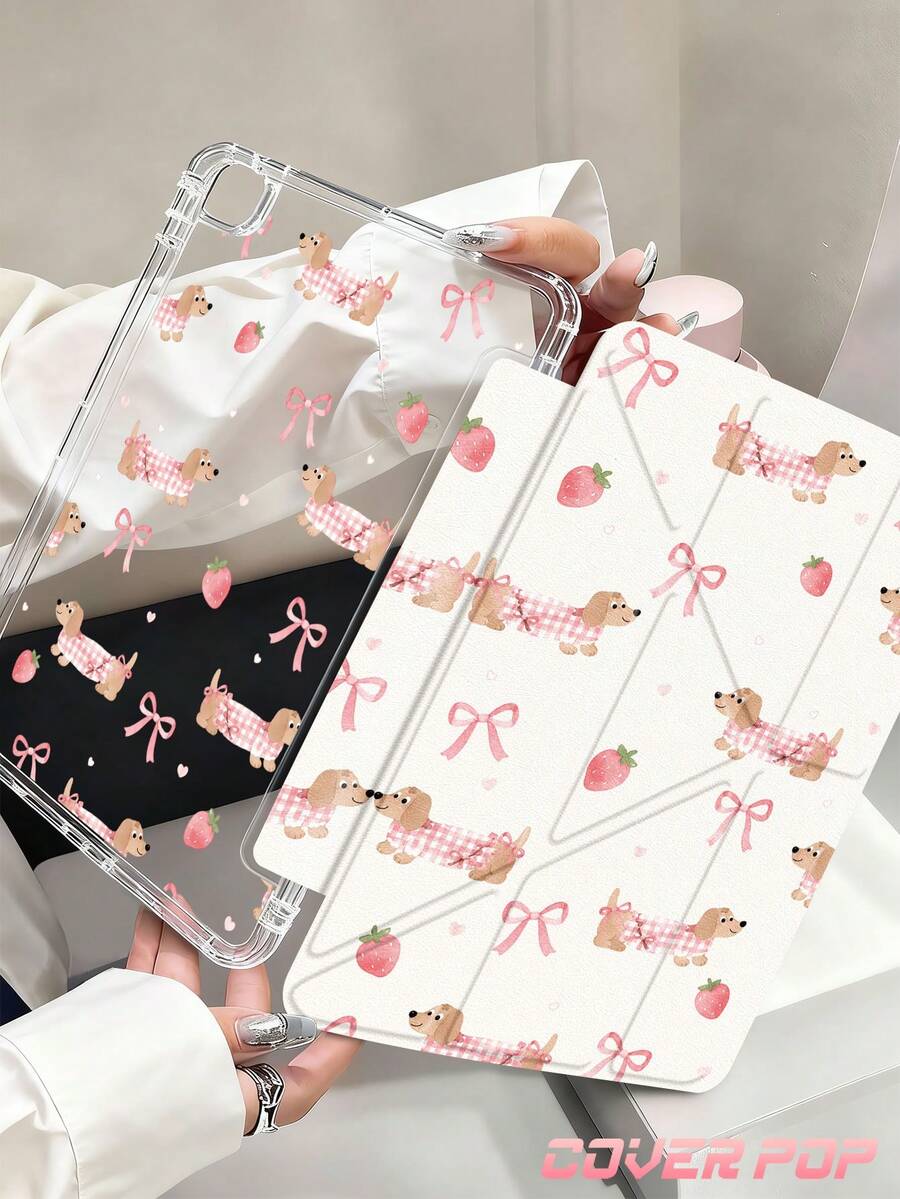 臘腸狗蝴蝶結櫻桃圖案保護殼，相容 iPad Air 4/5 10.9 吋、iPad 7/8/9 10.2 吋，內建筆槽，相容 Tab S6 10.4 吋、Tab A7 Lite 8.7 吋，返校季情人節新年禮物