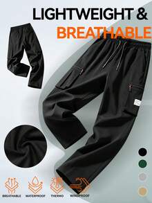 1 buah Celana Kargo Pria Musim Semi/Gugur dengan Banyak Saku, Celana Panjang Gaya Jalanan dengan Kaki Lebar, Pinggang Elastis dengan Tali Serut, Label Samping, Warna Hitam Sporty - Hitam - View 3