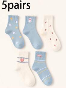 5 Pasang Kaos Kaki Kasual Wanita Setinggi Betis dengan Motif Kartun Lucu, Gaya Kampus yang Feminin - MultiWarna - View 10
