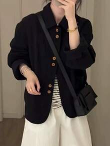 Korean Vintage Black Button Long Sleeve Lapel Workwear Blazer Jacket - Black - View 2