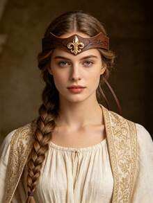 1pc Medieval Vintage Embossed PU Leather Headband Crown, Gold-Plated Iris Flower Emblem, Adjustable Tie Head Circumference, Suitable For Halloween Cosplay, Renaissance Viking Market LARP Costume Accessory - A - View 2