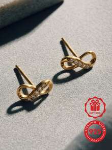 Minimalist 18K Gold Plated 925 Sterling Silver Women's Infinity Symbol Design Zirconia Stud Earrings, Suitable For Daily Wear - Infinity Symbol Earrings - View 2