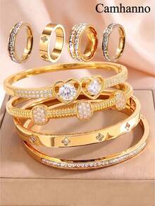 Camhanno 8pcs Creative Stainless Steel Plated 18K Gold Set, Full Diamond Bracelet, Ring, Date Wear Bracelet - Gold - View 8