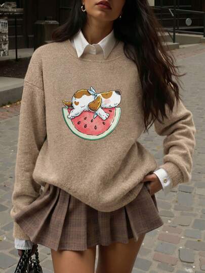 Plus Size Women's Autumn Casual Vacation Style Puppy & Watermelon Print Round Neck Long Sleeve Knit-Look Top