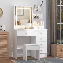31.5" White Vanity Desk With LED Lighted Sliding Mirror & Stool, Makeup Vanity Table With 7 Drawers, Open/Hidden Shelves & 3 Color Dimmable Lights, Dressing Table With Hutch For Bedroom - White - View 6