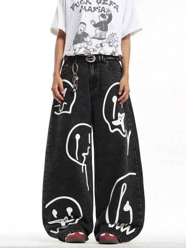 Hearty Haven 1pc American Street Style Men's Printed Wide Leg Jeans, Washed High Street Versatile All-Season Casual Fashion Loose Denim Pants - No Belt And Accessories