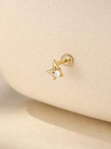 1Pc 925 Sterling Silver Five‑Pointed Star CZ Nose Stud Flat Back Hypoallergenic Body Cartilage Piercing Jewelry For Women Men Daily Wear & Gifts - Gold - View 6