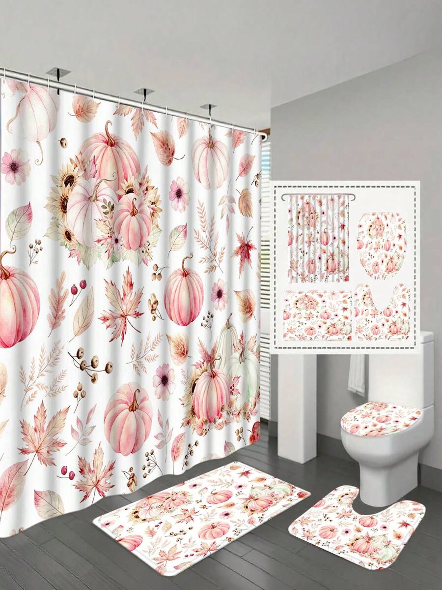 1/4pcs Thanksgiving Autumn Harvest Pink Maple Leaf Pumpkin Shower Curtain Set, With 12 Hooks Waterproof Polyester Shower Curtain, Bathroom Curtain, Privacy, Thickened, Durable Quick Dry