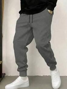 1件裝男士舒適寬鬆運動長褲，黑色運動褲，柔軟口袋，男友風設計，抽繩腰頭，適合四季穿著，休閒穿搭、放鬆與戶外活動，輕量運動褲適用於健身、跑步、健身房訓練等場景，100%聚酯纖維材質 - 深灰色 - 查看 2