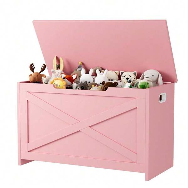 Outop Farmhouse Wooden Storage Chest And Bench With Safety Hinge – Multi-Use Entryway Shoe Organizer – Storage Trunk For Bedroom, Living Room – Washed Grey/Vintage/Pink