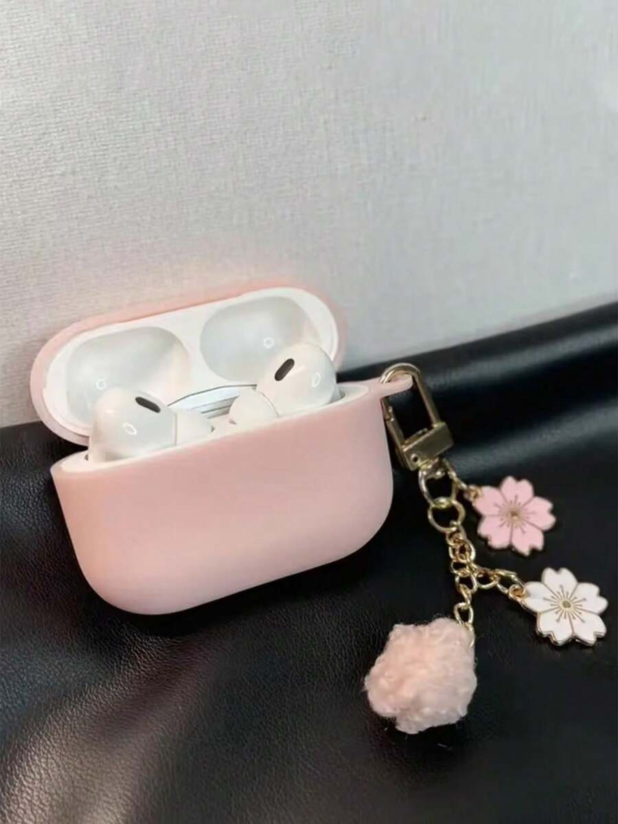 Solid Color Earphone Case + Flower Pendant Compatible With Apple Pro/Pro2/3rd Gen/1st Gen/2nd Gen/4th Gen/Pro3 Bluetooth Earphone Charging Case Protective Shell - Pink - View 1