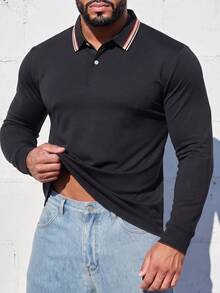 Striped Trim Lapel Collar Long Sleeve Polo, Regular Fit Casual Basic Top, All-Match Daily Wear, Perfect Present For Guys - Black - View 1