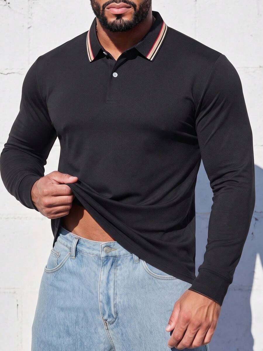 Striped Trim Lapel Collar Long Sleeve Polo, Regular Fit Casual Basic Top, All-Match Daily Wear, Perfect Present For Guys - Black - View 1