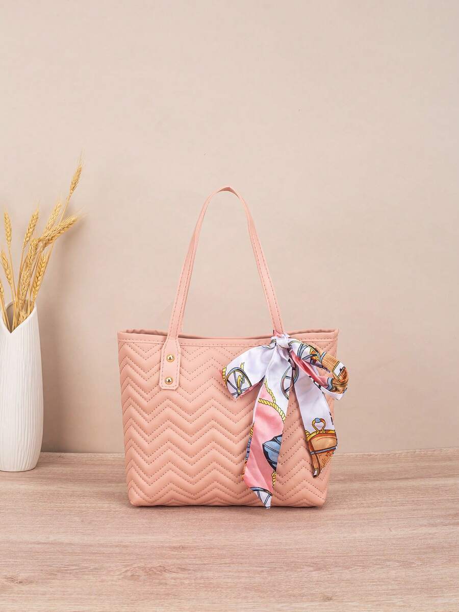 1pc Quilted Diamond Embroidered Tote Bag With Scarf Decoration, Large Capacity, Lightweight, Versatile For Commuting - Pink - View 1