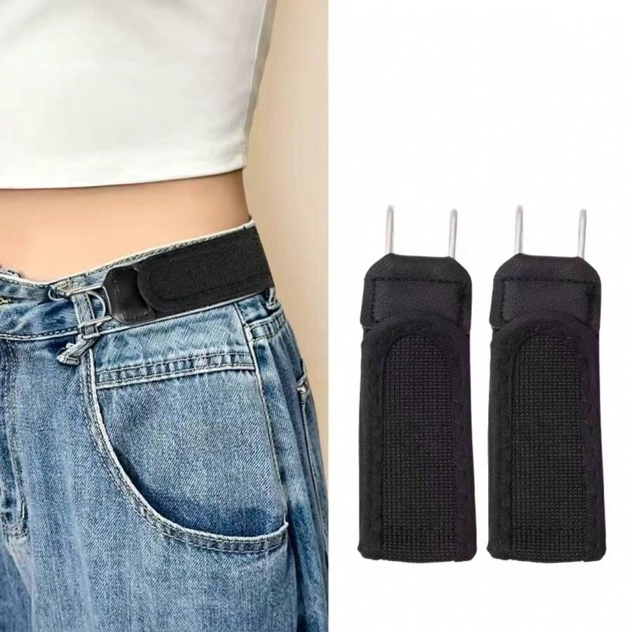 2pcs No-Button Invisible Waist Fastener, Adjustable Elastic Slouchy Waistband, Hook And Loop Jeans Waist Reducer Clip, Portable Belt Extender Buckle (Suitable For Men's And Women's Jeans, Trousers)