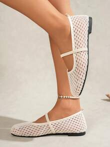 Women's Summer Hollow Mesh Square Toe Mary Jane Flat Shoes, Breathable Ballet Shoes With Thin Straps, Fashionable Versatile Daily Commute Walking Dating Office Shopping Vacation Beach Apartment Shoes, Mother's Day Gift - Beige - View 5