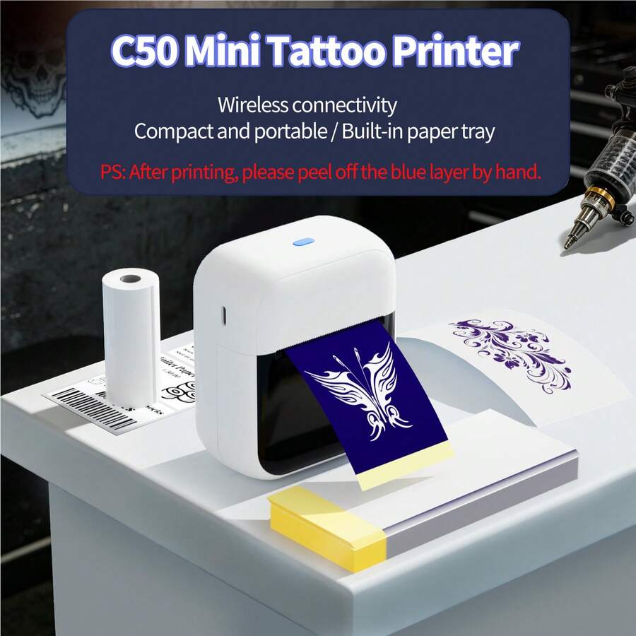 ORICO C50 Mini Wireless Tattoo Printer, Compatible With Smartphones And Tablets, Compact Thermal Tattoo Printing Device, Suitable For Professionals And Beginners, Mini Thermal Printer, Designed For Small Tattoos, Applicable For Tattoos And Labels, Includes 10/30/60/110 Sheets Of Tattoo Transfer Paper - Black and White - View 1