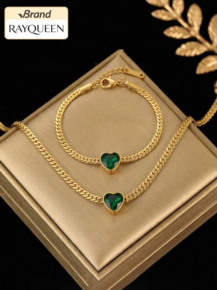 RAYQUEEN "Two Green Heart Zirconia Stainless Steel Necklace + Bracelet Set For Women - Perfect Holiday Gift" - Green - View 1