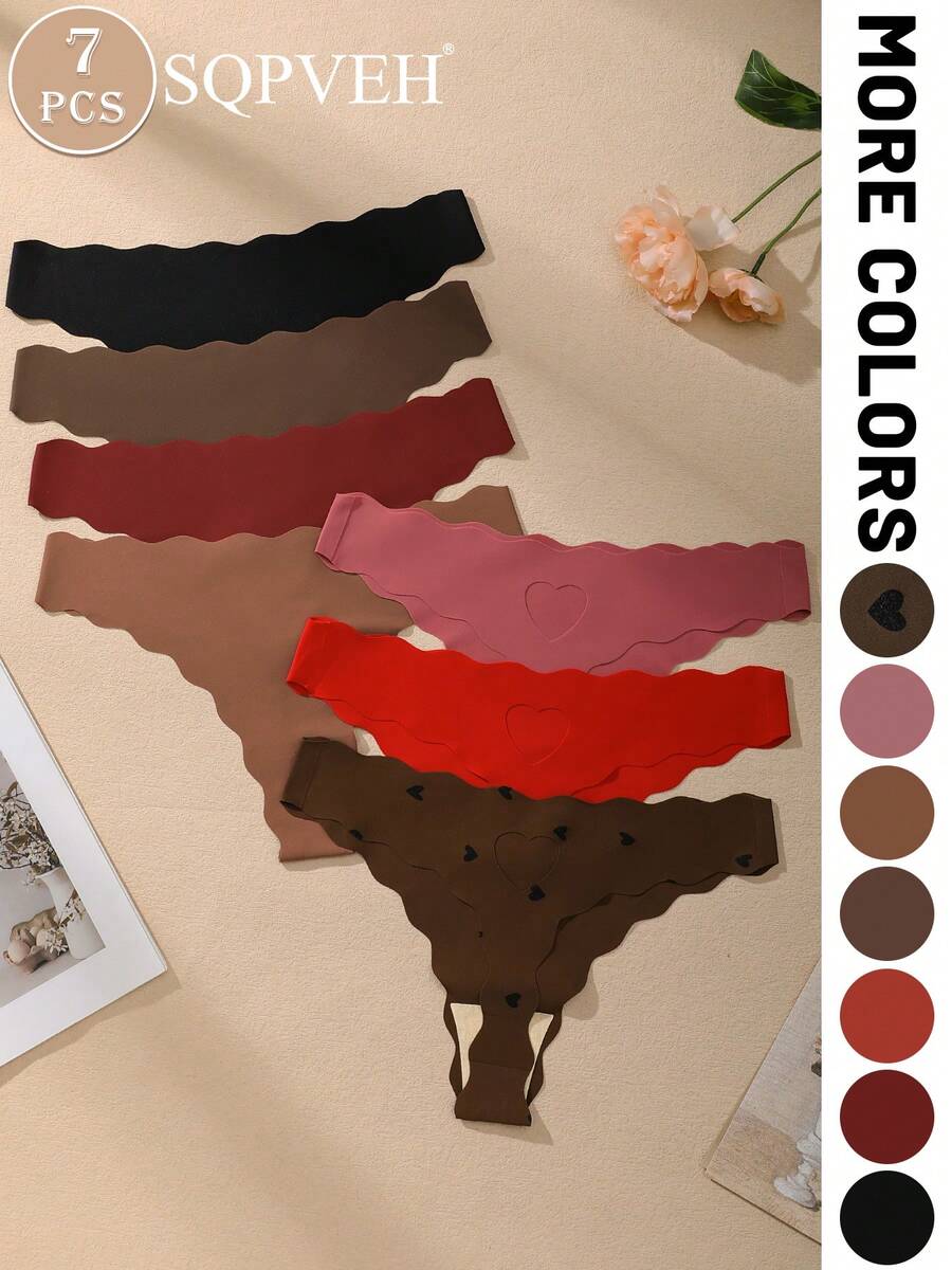 SQPVEH 7pcs/Pack Valentine's Day Women's Panties, Floral Heart Pattern, Heart-Shaped Hollow Design, Sexy Comfortable Low Waist Women's Thongs