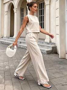 Women's Casual Two-Piece Set - Sleeveless Beige Cropped Top & Wide-Leg Trousers Set - Button Details At Back, Drawstring Waist, Loose Fit, Breathable - Apricot - View 1