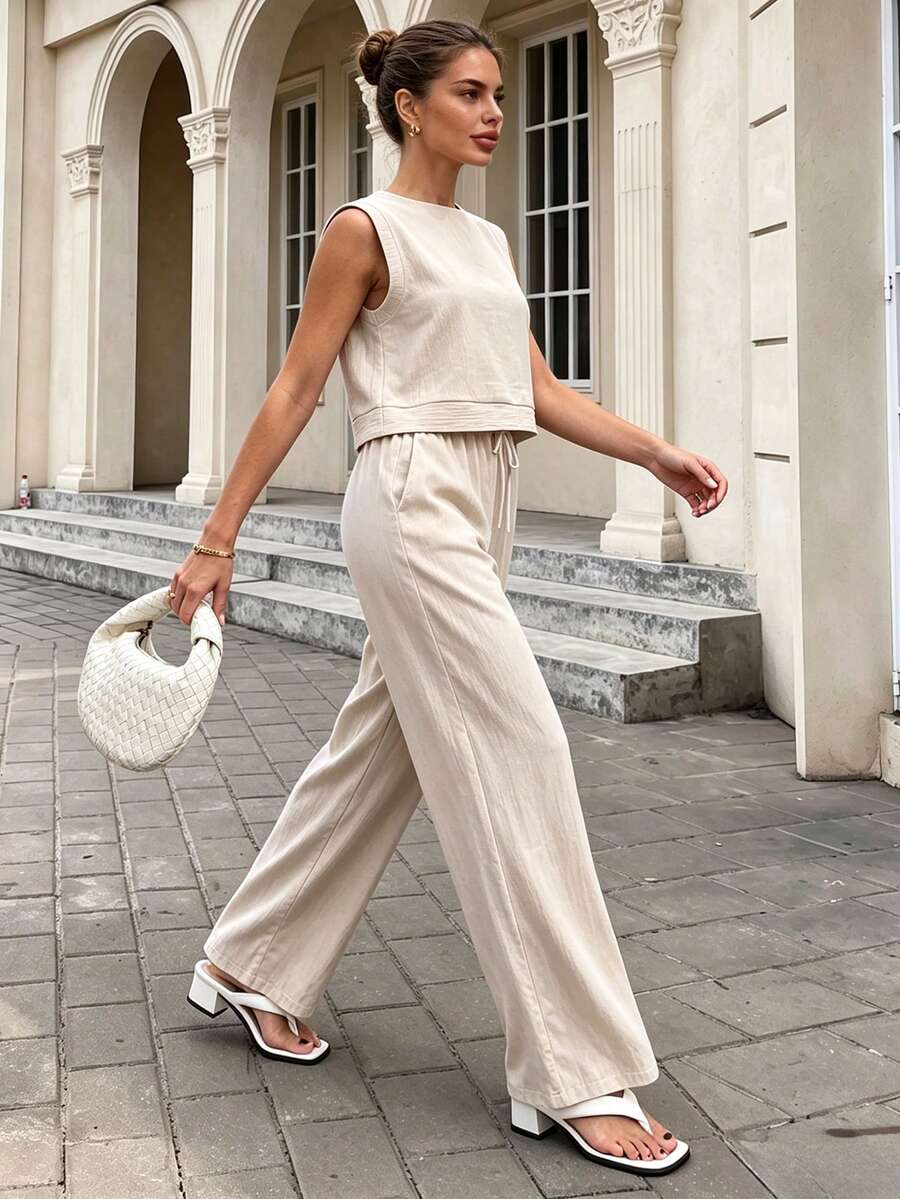 Women's Casual Two-Piece Set - Sleeveless Beige Cropped Top & Wide-Leg Trousers Set - Button Details At Back, Drawstring Waist, Loose Fit, Breathable - Apricot - View 1