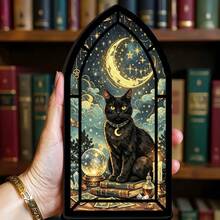 1pc Gothic Painted Bookend With Gemstone Tones And Black Cat Moon Crystal Ball - Suitable For Tarot Cards, Library Bookshelf Decoration, Fantasy Book Corner Sign, Applicable For Office, Library, Decorative Purposes, 2D Flat Design - A - View 3