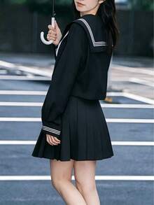 1件裝可愛JK校園制服套裝，附領結，女款水手風校園JK制服，黑色長袖上衣搭配黑色百褶裙，秋季款 - 黑色 - 查看 2