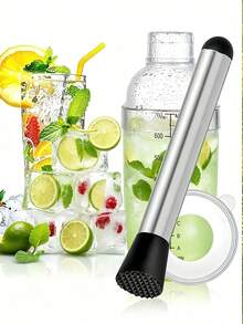 1pc/3pcs Plastic Cocktail Shaker And Stainless Steel Stirrer, Cocktail Shaker, Graduated Hand-Shaken Bubble Tea Shaker, Transparent Bar Tools, Stainless Steel Cocktail Stirrer, Bartender Accessories, Lemon Crusher, Suitable For Home Kitchen Bar Tools, Bartender Utensils Ice Crusher, Multi-Functional Corrosion-Resistant Rust-Proof Ice Crusher - View 1