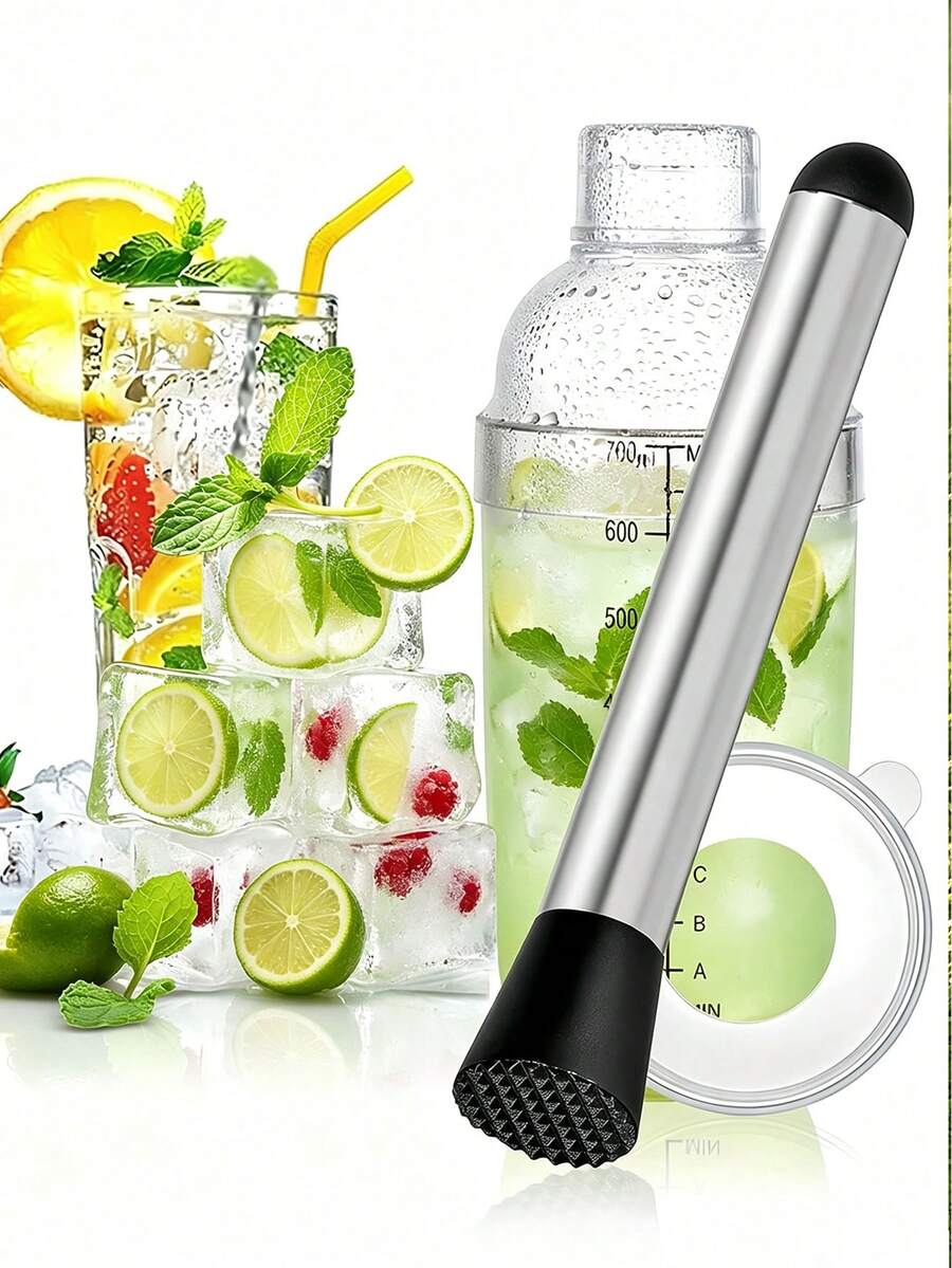 1pc/3pcs Plastic Cocktail Shaker And Stainless Steel Stirrer, Cocktail Shaker, Graduated Hand-Shaken Bubble Tea Shaker, Transparent Bar Tools, Stainless Steel Cocktail Stirrer, Bartender Accessories, Lemon Crusher, Suitable For Home Kitchen Bar Tools, Bartender Utensils Ice Crusher, Multi-Functional Corrosion-Resistant Rust-Proof Ice Crusher - View 1