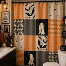 1Pcs Halloween Shower Curtain | Orange Black Pattern, Patchwork Ghosts And Bats Decoration Home Decor Bathroom Decor - A - View 2