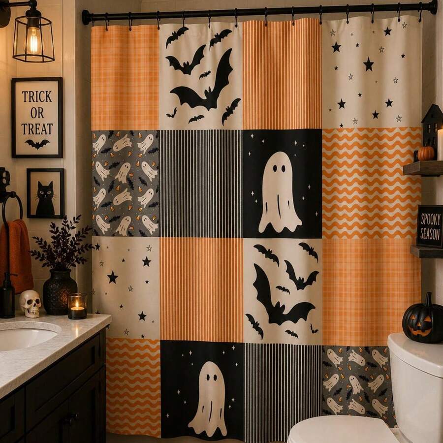 1Pcs Halloween Shower Curtain | Orange Black Pattern, Patchwork Ghosts And Bats Decoration Home Decor Bathroom Decor