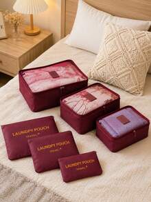 XD 6pcs Small Letter Pattern Waterproof Travel Storage Bags Set, Packing Cubes Set, Travel Luggage Organizer Bags, Suitcase Storage Bags Travel Accessories, Multifunctional Lightweight Storage Bags, Dust-Proof Travel Bags, Multifunctional Clothing Sorting Storage Bags, Travel Compression Bags, Home And Travel Dual Use - Burgundy - View 5