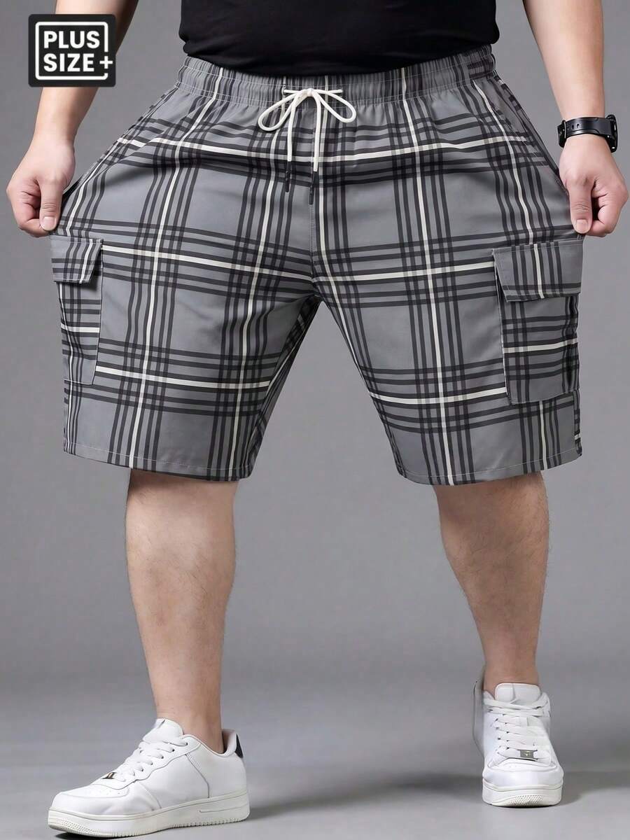Men's Plus Size Sports Shorts, Plaid Knee-Length Shorts, Plus Size Cargo Shorts. Digital Print Large Pocket Shorts, Suitable For Summer Beach