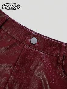 Aflion Women Summer Fall Burgundy Embossed PU Leather High Waisted Shorts, Button Front Pockets For Halloween Music Festival Party Going Out - Burgundy - View 5