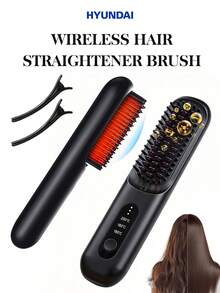 HYUNDAI Multi-Functional 2-In-1 Straightening & Curling Hair Brush, Rechargeable Portable Straightening Brush, Lightweight And Compact, With 3 Adjustable Heat Settings For Perfect Hairstyles Anytime-Ideal For Travel, Home, Hotels, Dorms, And More. - Black - View 1