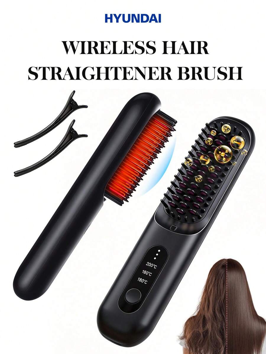 HYUNDAI Multi-Functional 2-In-1 Straightening & Curling Hair Brush, Rechargeable Portable Straightening Brush, Lightweight And Compact, With 3 Adjustable Heat Settings For Perfect Hairstyles Anytime-Ideal For Travel, Home, Hotels, Dorms, And More. - Black - View 1