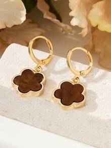 1 Pair Metal Fashion Lucky Sweet Brown Five-Leaf Clover Pendant Earrings Ear Clips - Brown - View 2