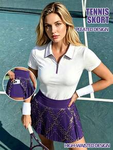 Spring/Summer Women's High Waist 2 In 1 Skort, With Pockets, Outdoor Workout Daily Wear Casual Sports Style - Purple - View 1